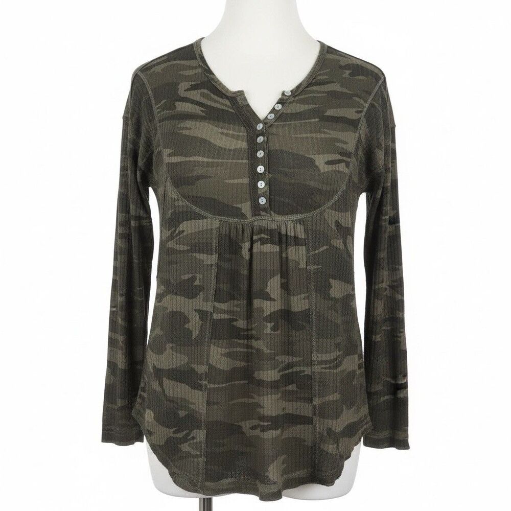 Womens 2X Camo Henley Top Waffle Knit Long‎ Sleeve Olive Green Plus Sweet Romeo